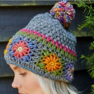 Pachamama Woodstock Bobble Beanie
Bright Wool Floral Crochet Knit Hat Pom Pom